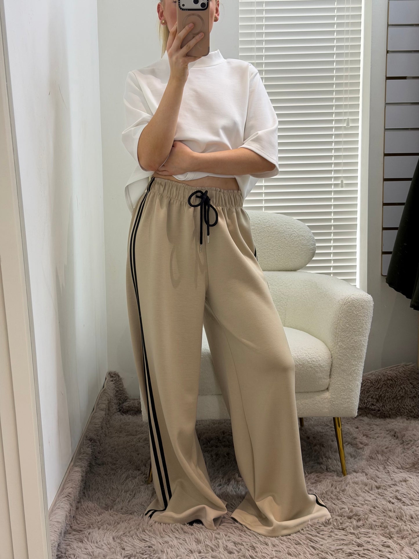Beige Side Stripe Wide Leg Trousers