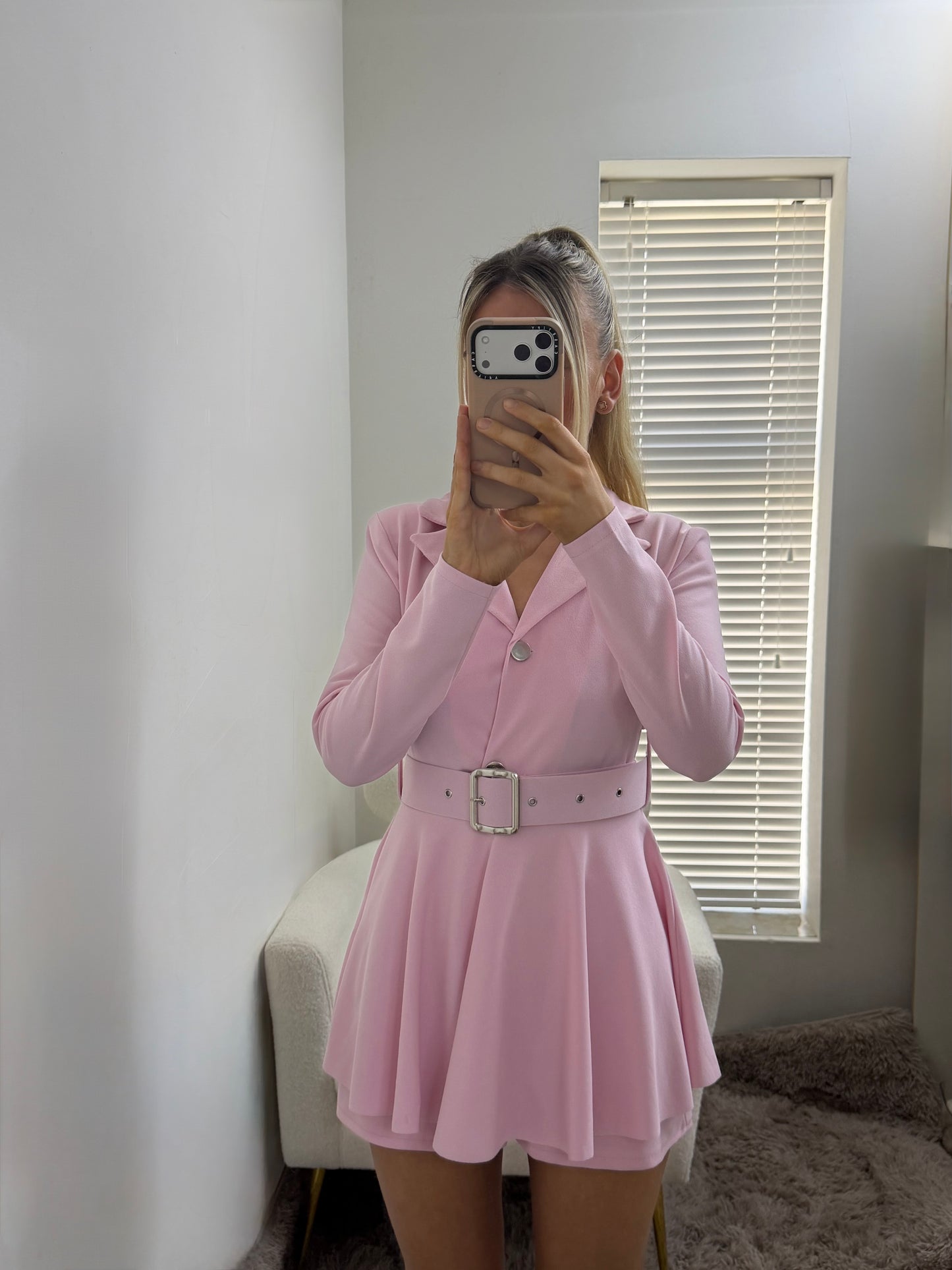 Blazer Style Belted Playsuit Baby Pink