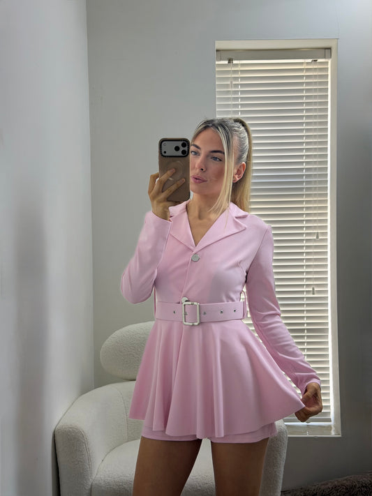 Blazer Style Belted Playsuit Baby Pink