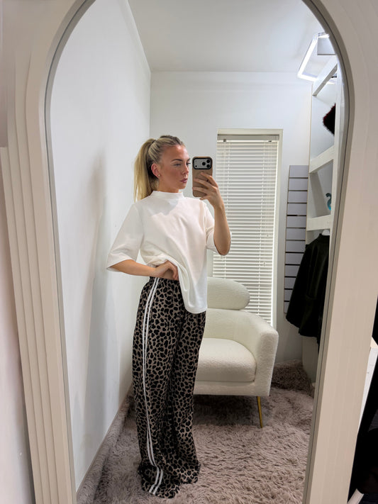 Leopard Print Side Stripe Trousers White