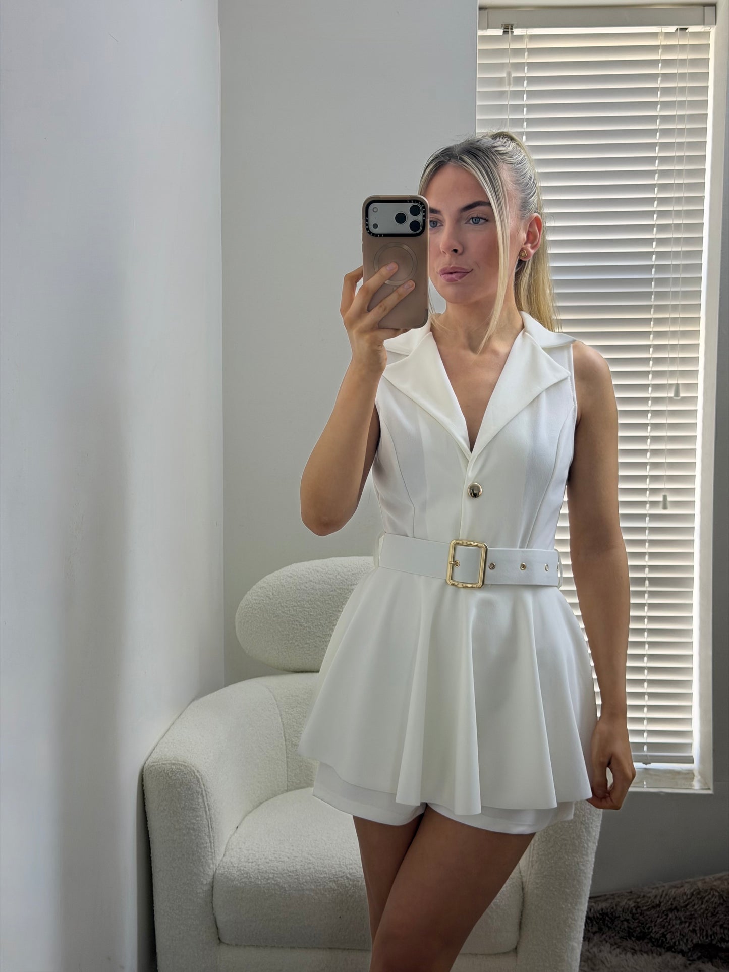 White Tailored Belted Blazer Playsuit
