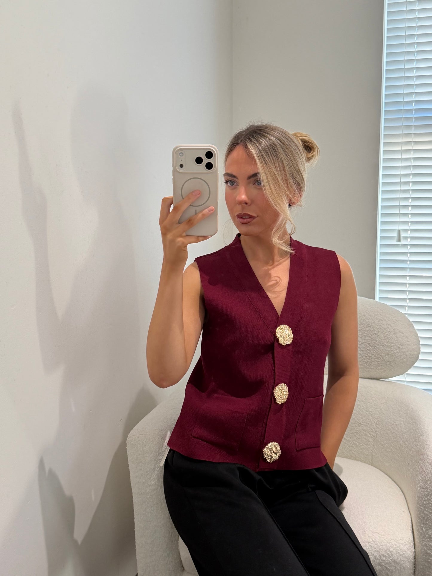 Burgundy Detailed Gold Popper Buttons Knit