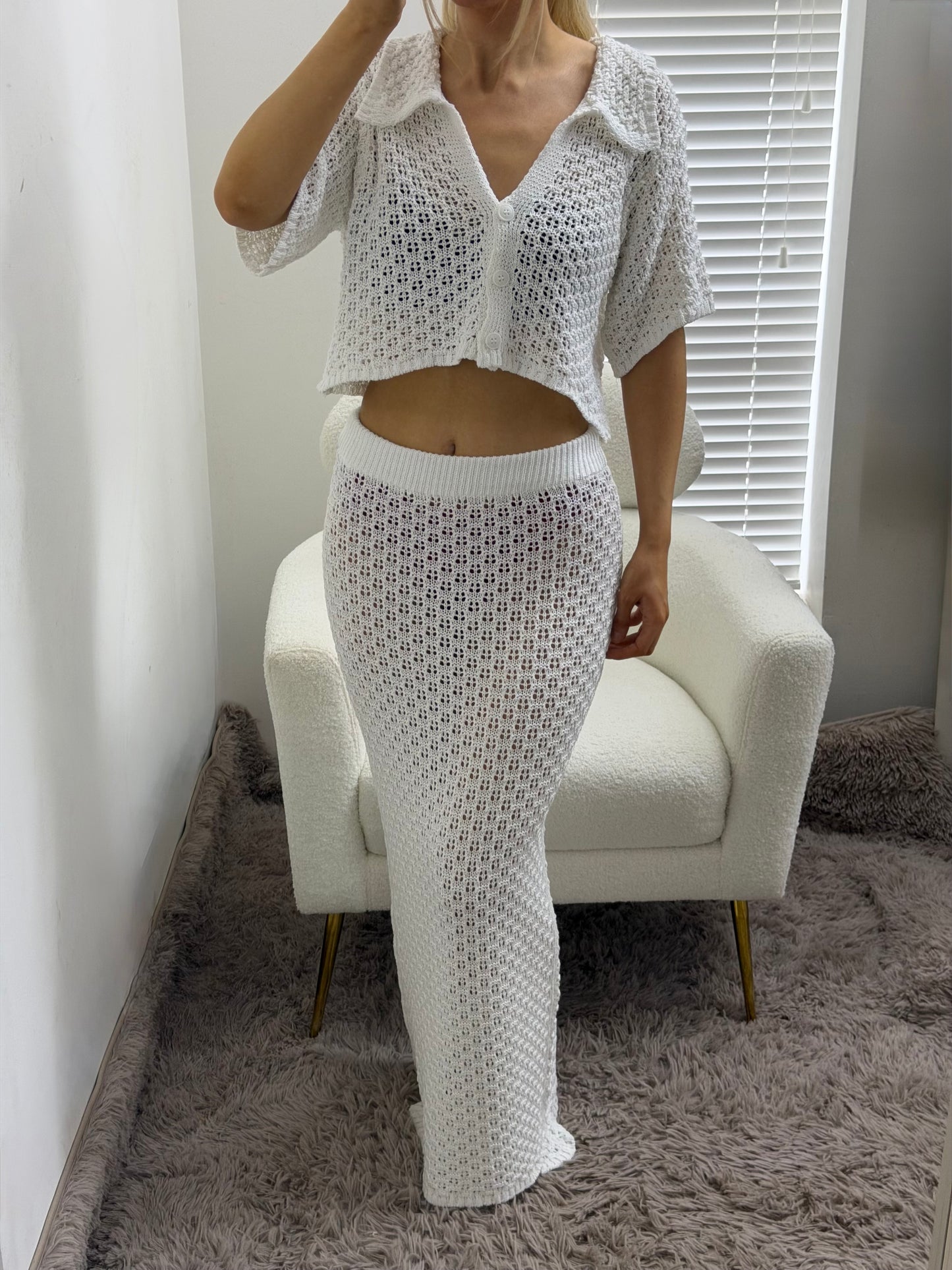 White Crochet Knit Co-Ord Set