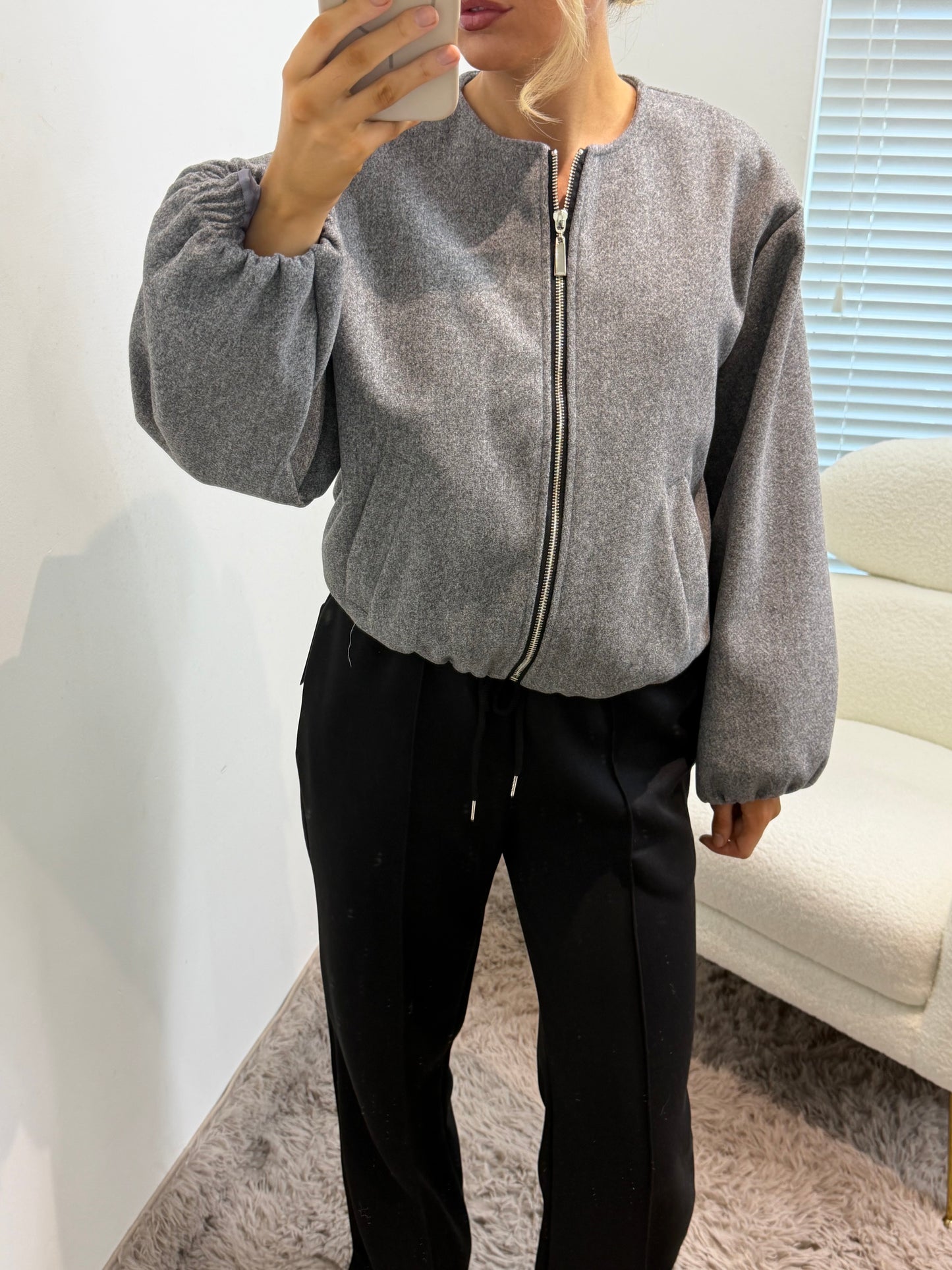 Grey Zip Up Bomber Jacket