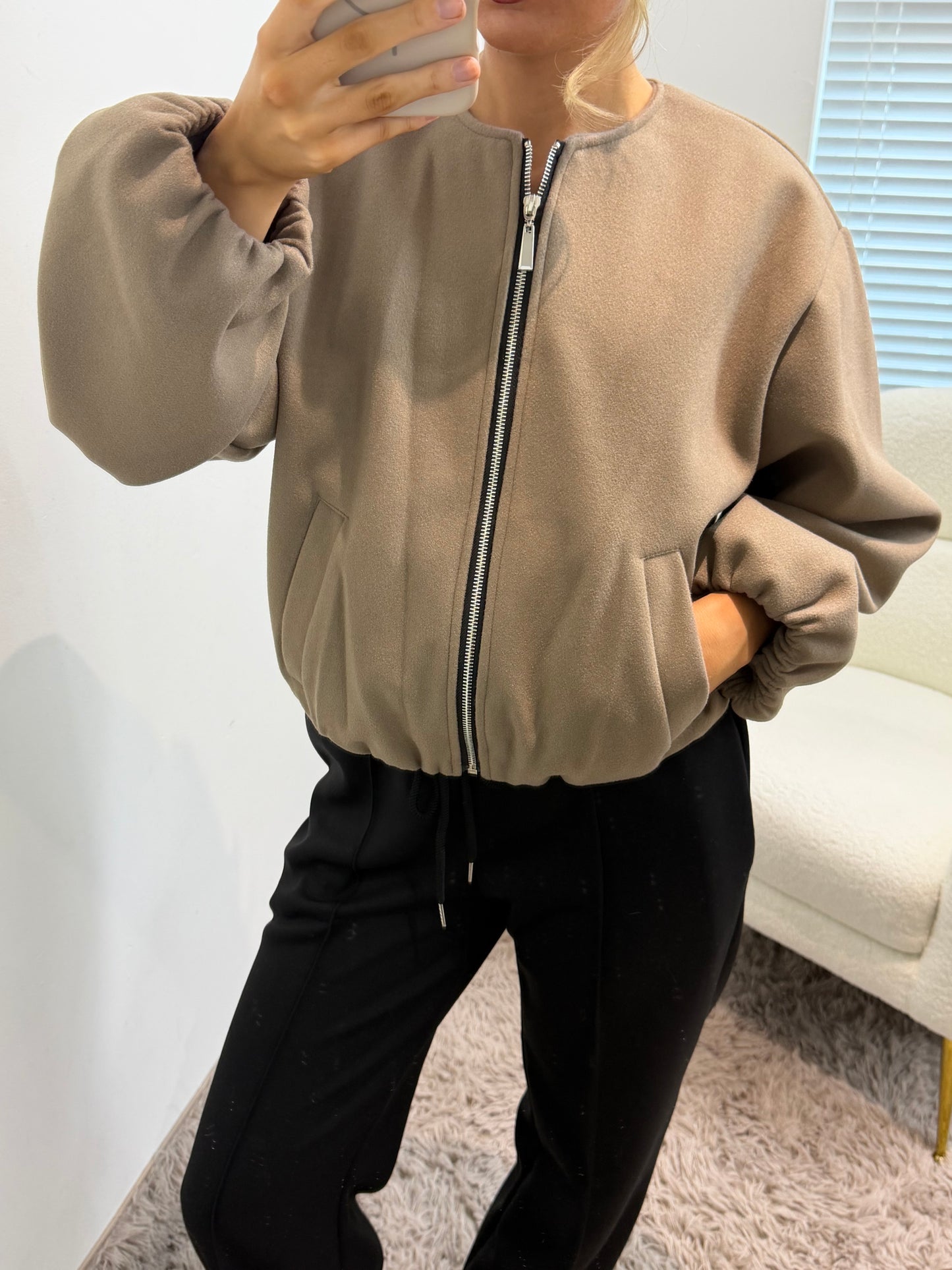 Mocha Khaki Zip Up Bomber Jacket