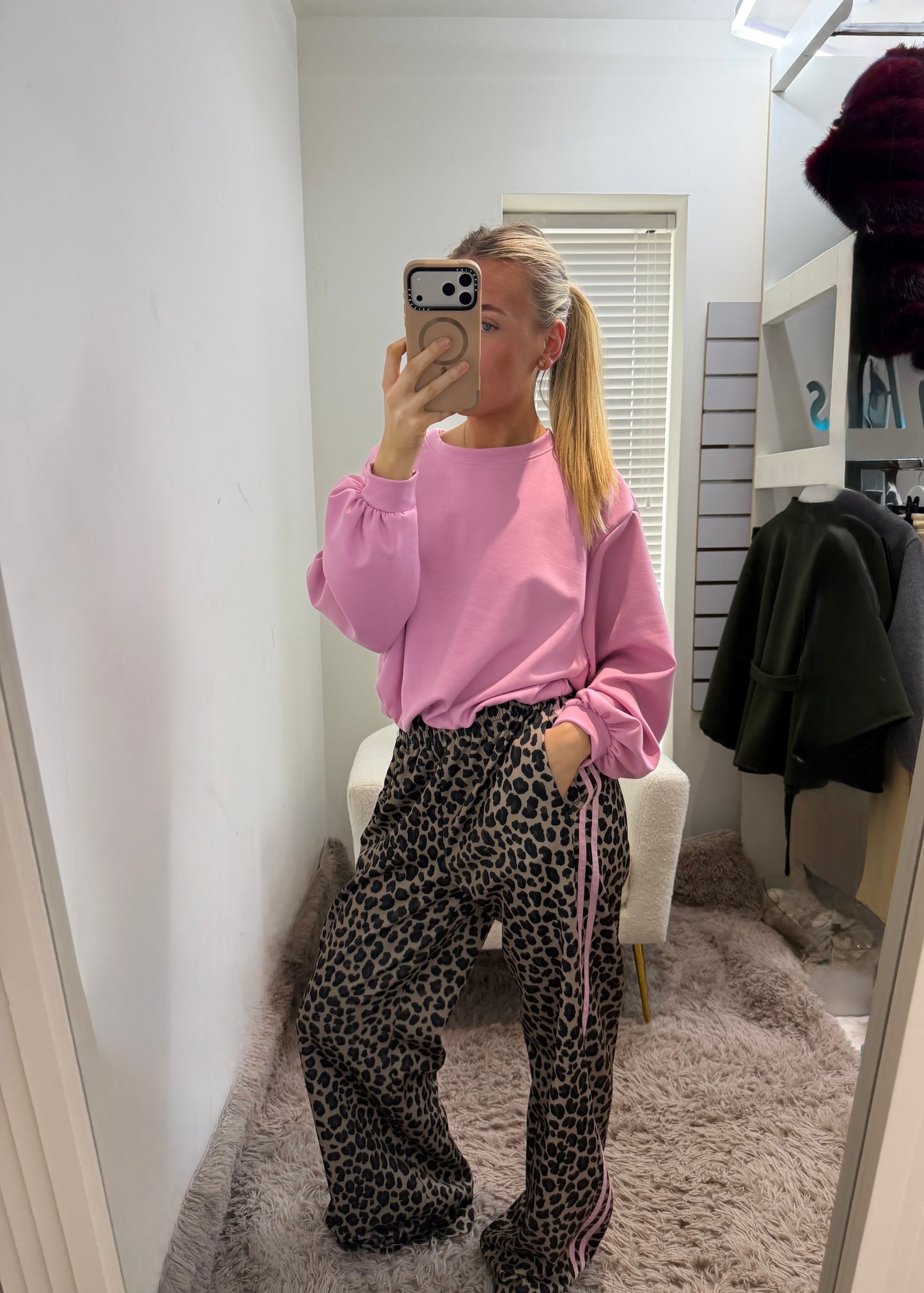 Leopard Print Side Stripe Trousers Pink
