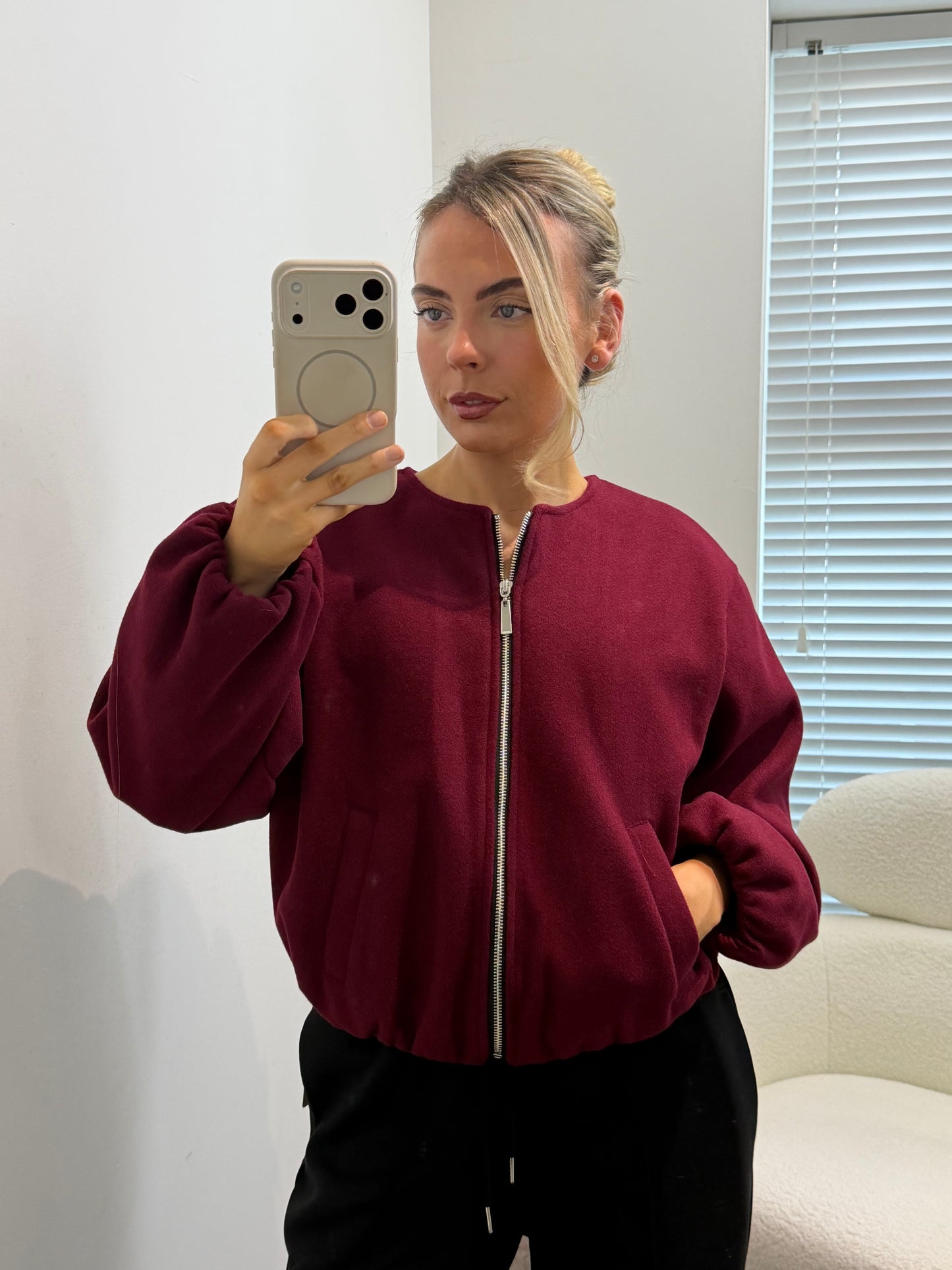 Burgundy Zip Up Bomber Jacket
