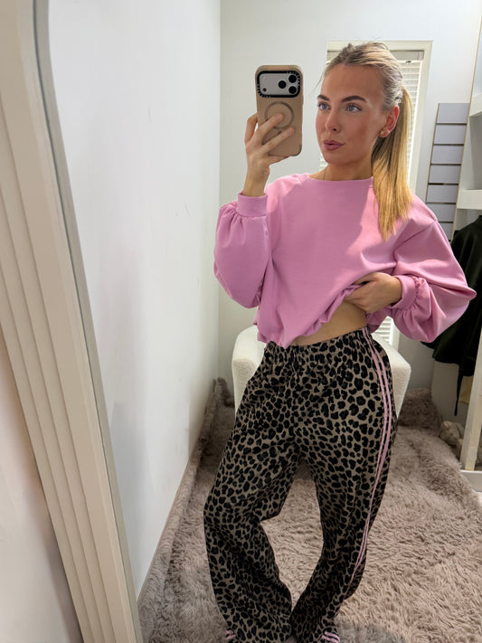 Leopard Print Side Stripe Trousers Pink
