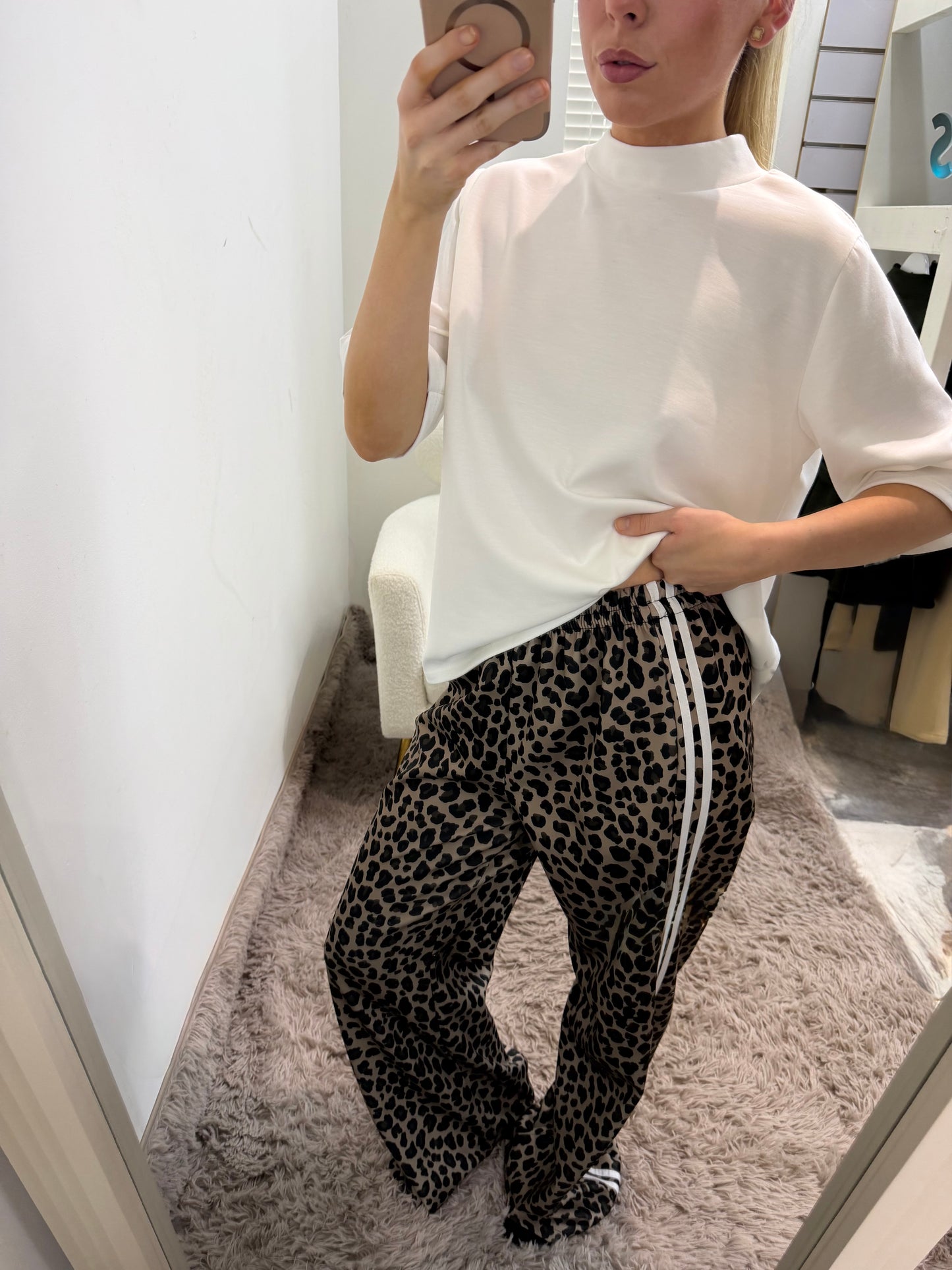 Leopard Print Side Stripe Trousers White