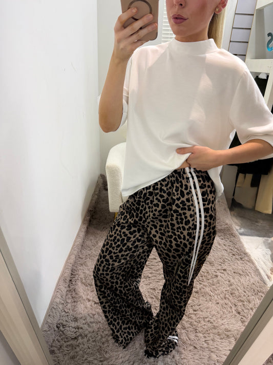 Leopard Print Side Stripe Trousers White