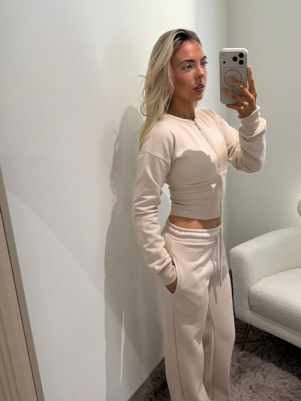 Beige Corset Tracksuit Cropped Zip Up