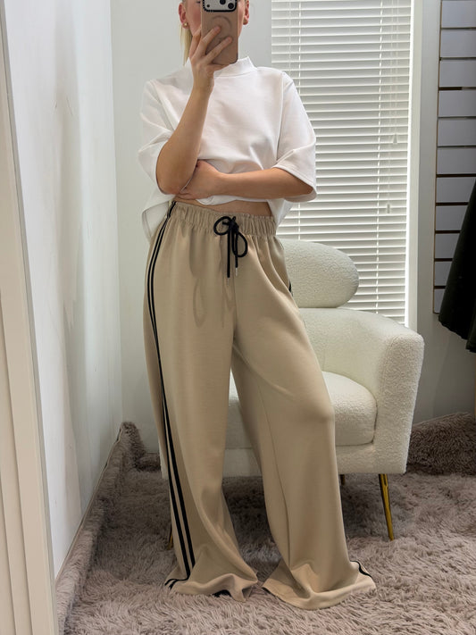 Beige Side Stripe Wide Leg Trousers