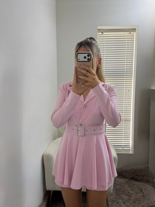 Blazer Style Belted Playsuit Baby Pink