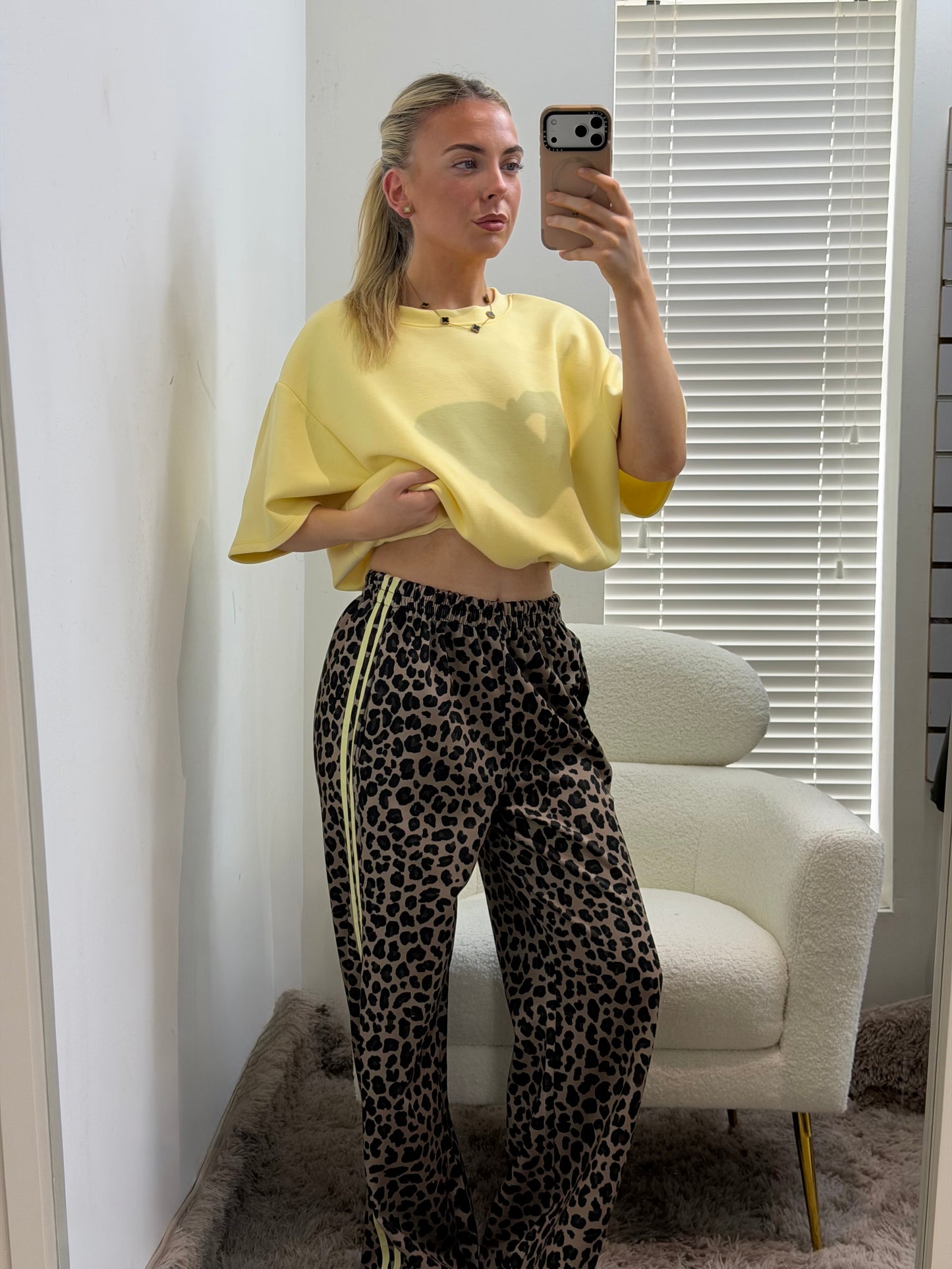 Leopard Print Side Stripe Trousers Yellow