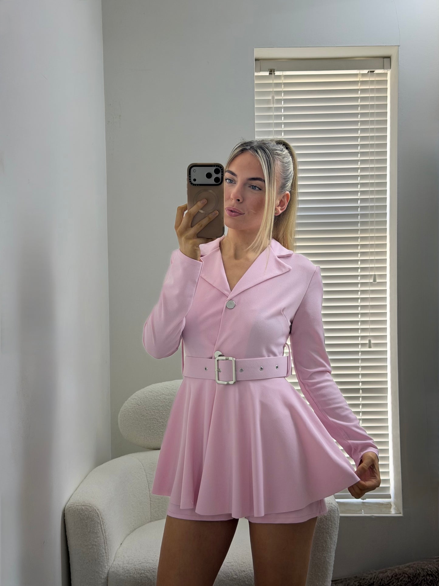 Blazer Style Belted Playsuit Baby Pink