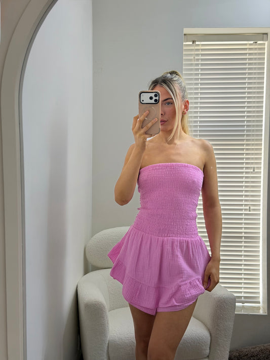 Pink Shirred Bandeau Playsuit