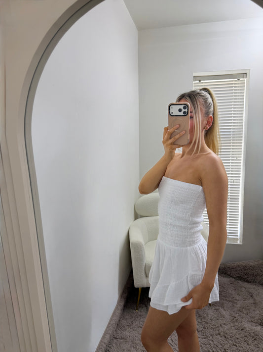 White Shirred Bandeau Playsuit