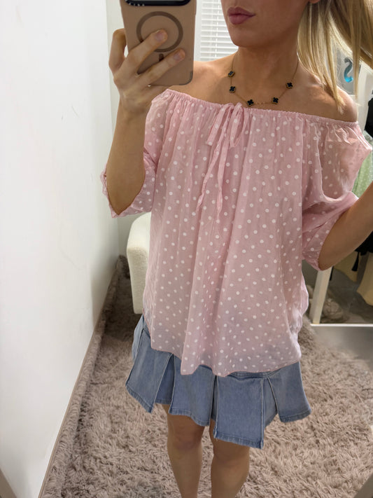 Pink Polka Dot Bardot Top