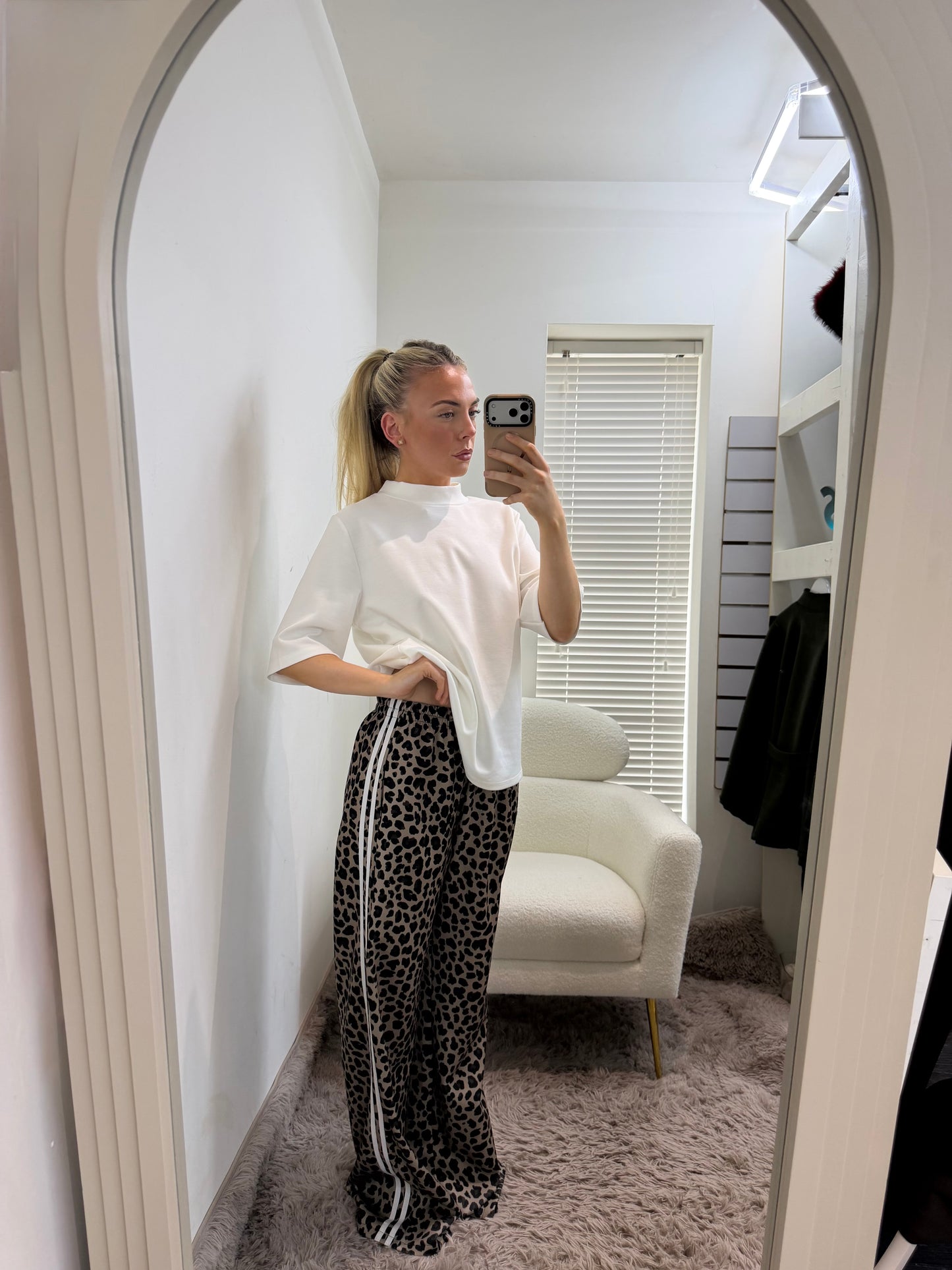 Leopard Print Side Stripe Trousers White
