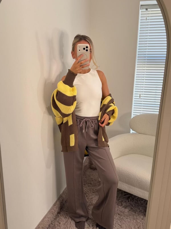 Chocolate brown & Yellow Stripped Open Cardigan