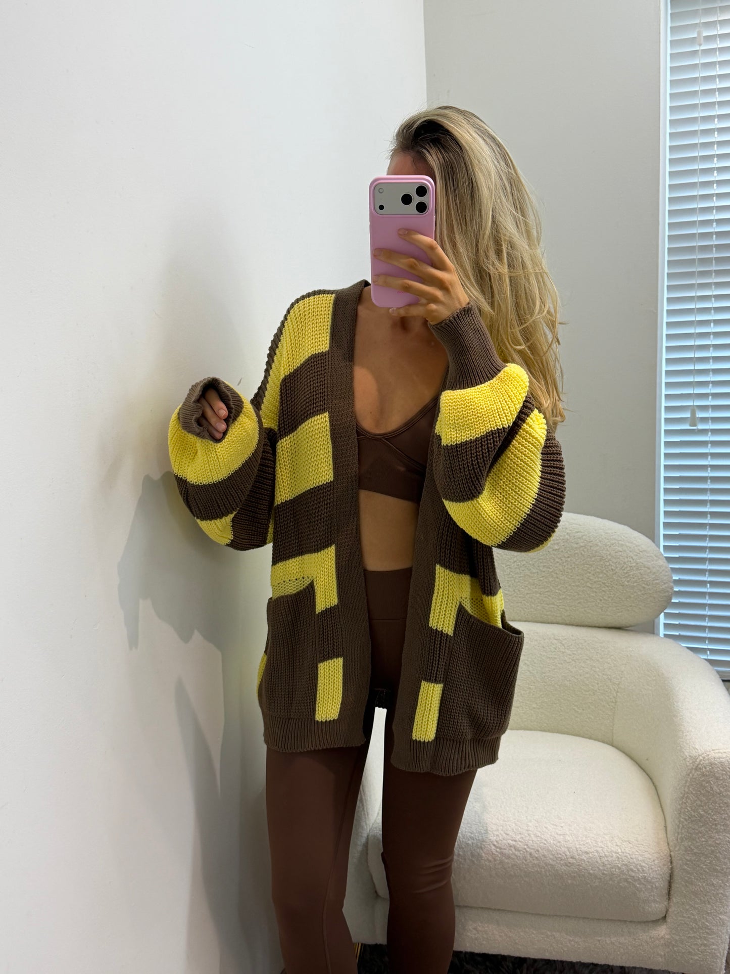 Chocolate brown & Yellow Stripped Open Cardigan