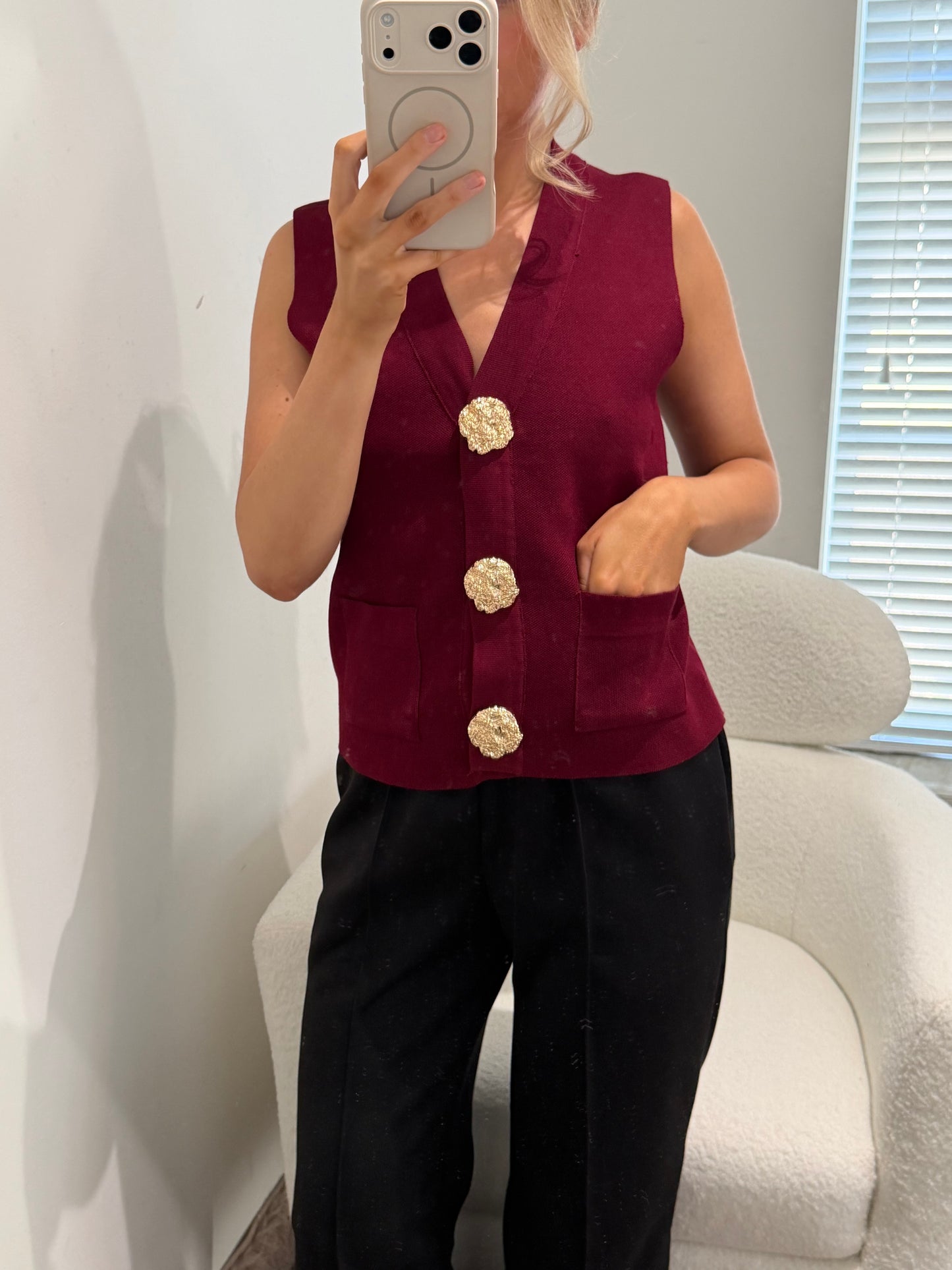 Burgundy Detailed Gold Popper Buttons Knit