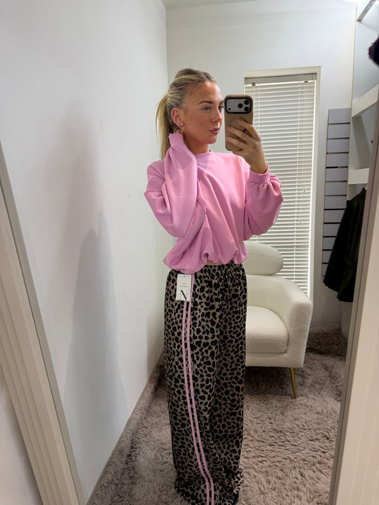 Leopard Print Side Stripe Trousers Pink
