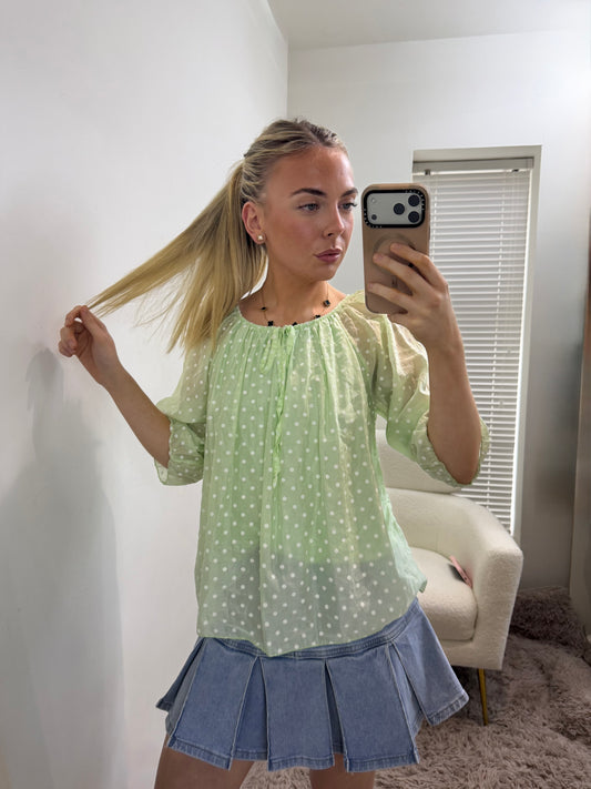Pastel Green Polka Dot Bardot Top