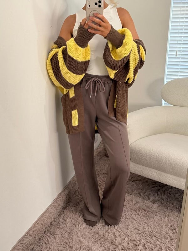 Chocolate brown & Yellow Stripped Open Cardigan