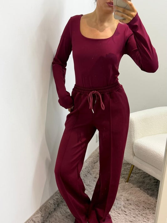 Burgundy Square Neck Super Soft Basic Long Sleeve Top