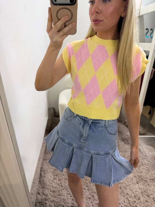 Argyle Knit Crew Neck Cropped Top