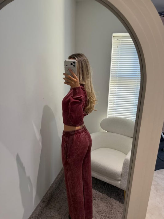 Acid Wash Burgundy Corset Tracksuit Cropped Zip Up