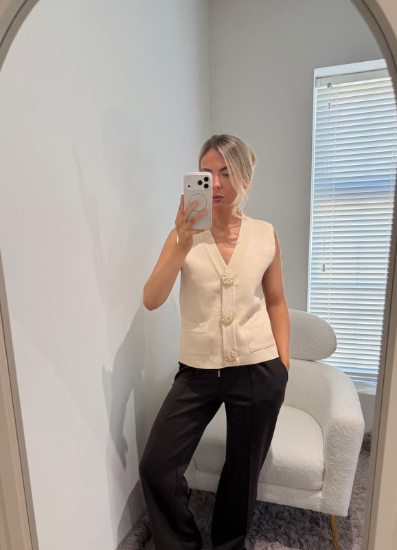 Beige Detailed Gold Popper Buttons Knit