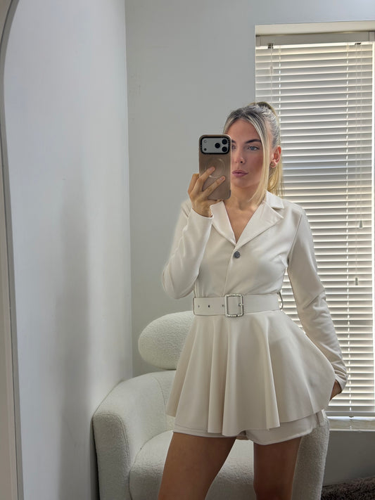 Blazer Style Belted Playsuit Cream