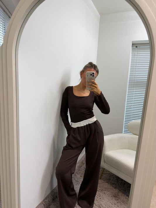 Chocolate Brown Square Neck Super Soft Basic Long Sleeve Top