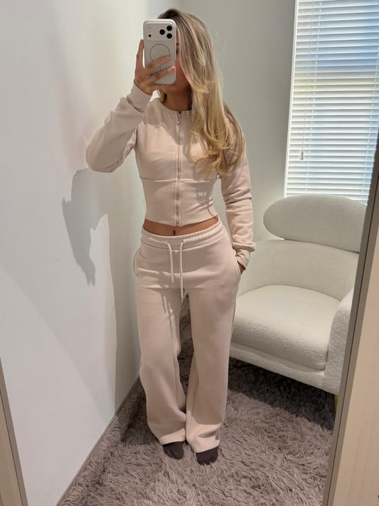 Beige Corset Tracksuit Cropped Zip Up