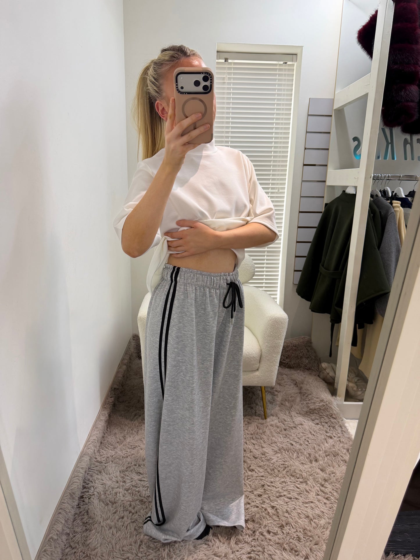 Grey Side Stripe Wide Leg Trousers