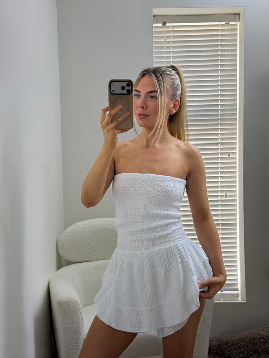 White Shirred Bandeau Playsuit