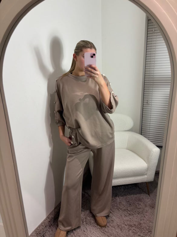 Mocha Button Detail Wide Leg Co-Ord Set