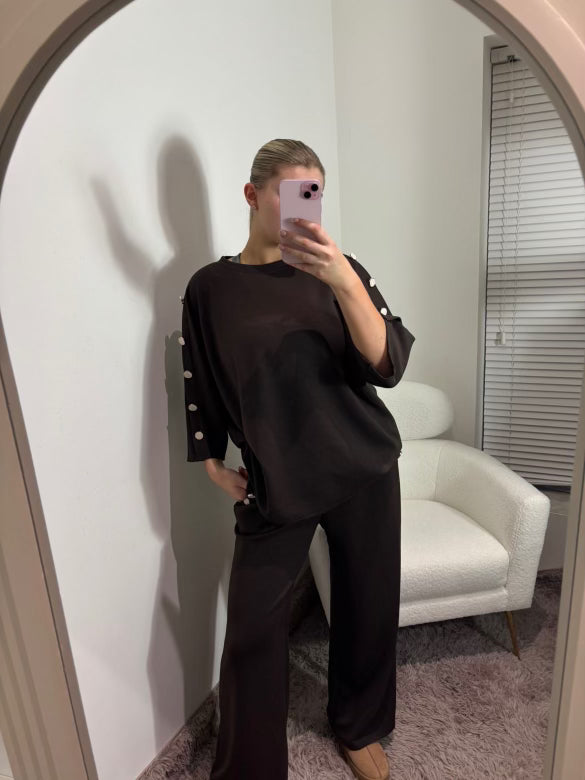 Chocolate Brown Button Detail Wide Leg Co-Ord Set