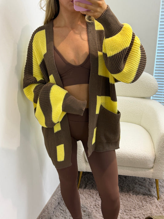 Yellow & Brown Stripped Open Cardigan