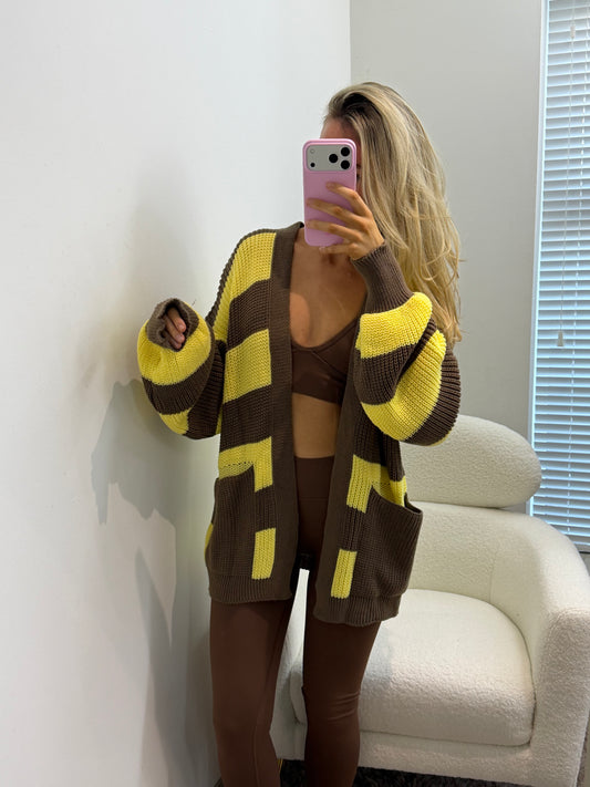 Yellow & Brown Stripped Open Cardigan
